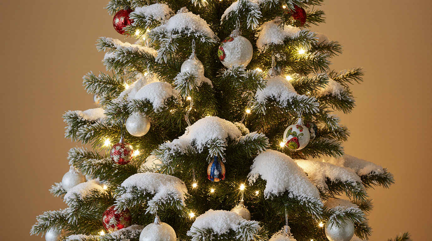 unechter weihnachtsbaum mit künstlichem schnee